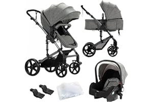 Nine point nine Poussette 3 en 1, Poussette Bebe avec Double Modes de Poussée Réversibles, Poussette Canne avec Grande Nacelle Confortable, Pousette avec Cadre Aluminium Haute Paysage (588 Grey)
