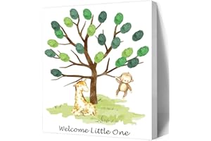 AHANDMAKER Libro creativo de huellas dactilares de jirafa de mono, libro de registro de huellas dactilares con marco de madera para bodas, fiestas de cumpleaños, baby shower con 4 almohadillas de