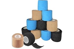 AMSGANK 12 Rouleaux Bandage Autoadhésif Cohésifs Bandes, 5 cm x 4,5 m Bandage Medical Elastique Pansements Adhésifs Bandage de Sport Non Tissé Cohésif pour Mains, Pieds, Genoux, Bras