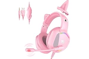 IMYB Gaming Headset mit Katzenohren abnehmbaren, RGB-Licht, Stereo Surround Noise Cancelling, Mikrofon für PC, PS4, PS5, Xbox One X/S, Mac, Laptop (Rosa)