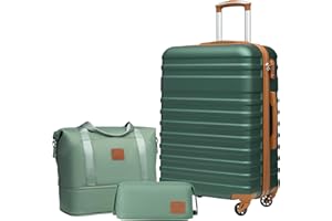 COOLIFE Suitcase Trolley Carry On Hand Cabin Luggage Hard Shell Travel Bag Lightweight with TSA Lock,The Suitcase Included 1pcs Travel Bag and 1pcs Toiletry Bag (Dark green/Brown, 24 Inch Luggage Set)