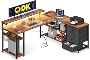 ODK Scrivania angolare reversibile con 2 prese e 2 porte di ricarica USB, L-shaped desk con LED, marrone vintage, 155 x 110 cm
