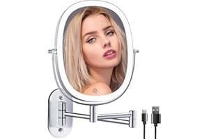 ‎FUNTOUCH Rechargeable Cosmetic Mirror Wall Mounted with Lighting, 1X/10X Magnification, Dimmable Shaving Mirror 3 Colours, Touchscreen Makeup Mirror, 360° Rotatable, Wall Mirror for Bathroom and Hotel