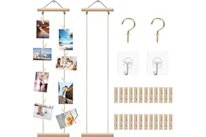 DEECOZY Set of 2 Hanging Photo Display with 30 Clips and Hook, Wooden Photo Display Board, Hanging Photo Displays, DIY Home Decoration Photo Wall Display Suitable for Home Decoration