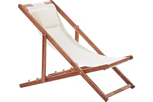 Transat de Plage Chaise Chilienne Pliante en Bois d'Acacia et Textile Beige avec Appui-tête Design Résistant et Léger Intemporel et Moderne Beliani