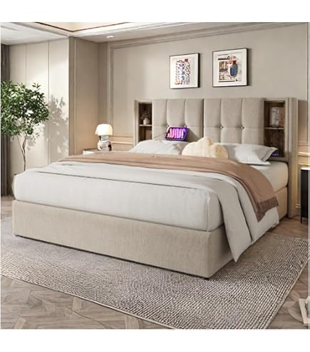 Lit Coffre 160x200 Avec éclairage LED Et Rangements - Tête De Lit Avec Prises USB/Type-C - Sommier Hydraulique - Tissu Lin Gris - 10