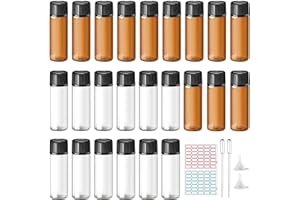 DONQL 24 piccole bottiglie di vetro ambrato, bottiglia di olio portatile, bottiglia vuota di vetro, 5 ml, con imbuto contagocce e adesivo per olio essenziale, aromaterapia, profumo