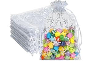 G2PLUS 10x15 cm Organzasäckchen Weihnachten, Weiß Weihnachten Organzabeutel, 50 Stück Geschenk Organzabeutel, Schneeflocke Organzasäckchen mit Kordelzug für Geschenk Weihnachten Deko