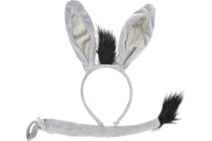 EVELAY Set di orecchie e coda da asino, per travestimenti, feste in maschera, Halloween, festa in maschera, festa del libro, multi animali, accessorio per taglia adatta a tutti (DONKY)