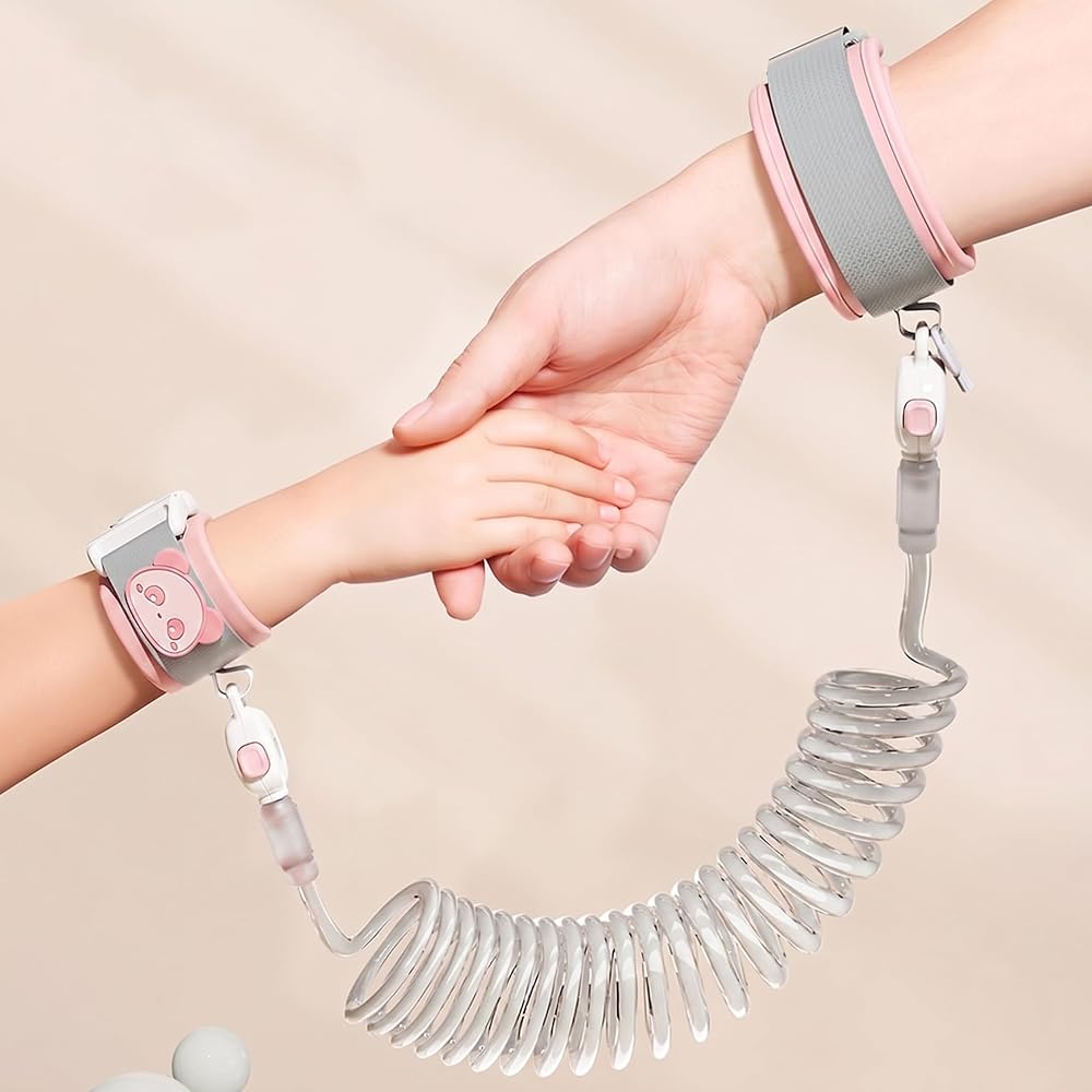 Çocuk Kaybolma Önleyici Bileklik Anahtar Kilitli Emniyet Kelepçesi Spiral Kordonlu Anti Kayıp Güvenlik Bandı Pembe