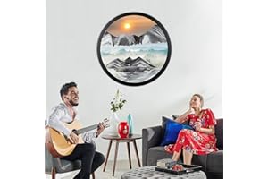 23.6''Sand Pictures for Rotating, 3D Sandscape Moving Sand Art Round Glass Deep Sea Sand Picture in Motion Display Flowing Sand Frame, Wall Decoration Living Room, Office, Gifts (Black and white)