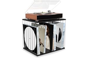 Emfogoo Vinyl Record Storage, Metal & Wooden Vinyl Record Holder Up to 80 LP Albums, 3-Compartment Record Player Stand for Magazine, Book, Files, Albums (Black)