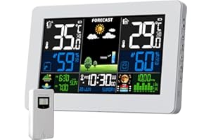 VOKSUN Station Météo Numérique Sans Fil avec Capteur Extérieur, Écran LCD Coloré, Baromètre, Phase de Lune, Alarme, Réveil, Prévision Météo, Rétroéclairage Réglable, Blanc