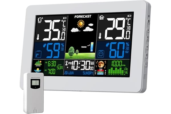 Station Météo Numérique Sans Fil avec Capteur Extérieur, Écran LCD Coloré, Baromètre, Phase de Lune, Alarme, Réveil, Prévision Météo, Rétroéclairage Réglable, Blanc
