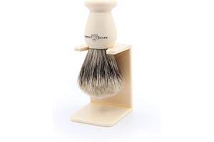 Edwin Jagger 1EJ947SDS Classic Best Badger Hair Exfoliating Shaving Brush with Stand for Shaving Cream or Shaving Soap for Men and Women (Imitation Ivory)