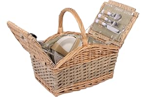 Selltex Picknickkorb für 4 Personen Weidenkorb inkl. praktischem Inhalt Messer Porzellan Teller Gläser Weide Korb