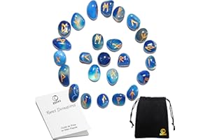 ESOAS RUNES DIVINATOIRES VIKING Onyx Bleu, Set x25 Pierres Polies Semi Précieuses Gravées Avec Sac. Idéal Pour Divination, Voyance et Magie. Alphabet Runique Futhark, Oracle de la Mythologie Nordique