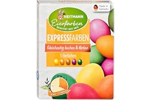 HEITMANN EIERFARBEN Heitmann farby do jajek ekspresowych – 5 kolorów – pomarańczowy, czerwony, zielony, różowy i żółty – równoczesne gotowanie i barwienie – wielokolorowe