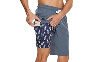 Arcweg Men's Swim Shorts Long Length Swimming Trunks with Compression Lining 2 in 1 Swimming Short with Zipper Pockets Men's Swim Trunk Quick Dry Double Layer
