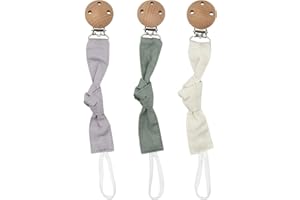ANLIOTO 3 Stück Holz Schnullerkette, Baby Gestricktes Nuckelkette mit Buchenholz Clip, Bio-Baumwolle Schnullerband für Mädchen, Jungen und Neugeborene(BPA-FREI)