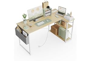 BEXEVUE Scrivania ad Angolo con Ciabatta - 100x70 cm Tavolino Computer a Forma L Ripiani Portaoggetti, Scrivania Angolare Reversibile Gaming Informatica, Studio Gioco Lavoro Beige