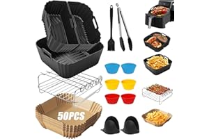 PUOSIKE Accessori Friggitrice ad Aria per 4L-8L Quadrati Teglia per Friggitrice ad Aria per Cosori, Philips, Russell Hobbs, Moulinex, Cecotec con Riutilizzabile Silicone Cestino, Griglia, Carta Forno