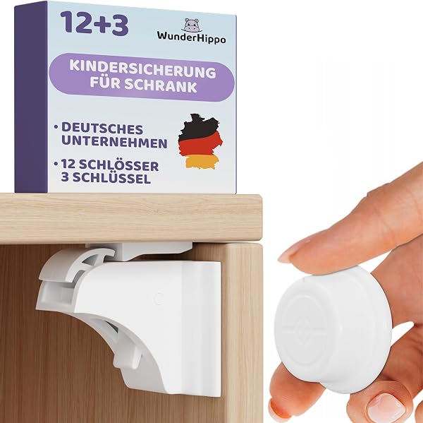WunderHippo Magnetische Kindersicherung 12 Schlösser + 3 Schlüssel – Unsichtbarer Magnetverschluss – Schranksicherung & Schubladensicherung ohne Bohren – Weiß - 1