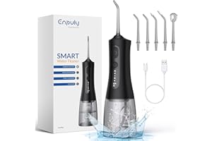 ENPULY Idropulsore Dentale, 300ML Idropulsore Portatile da Viaggio, 2000mAh Betteria Irrigatore Dentale 40 Giorni di Utilizzo con una Carica di 4,5 Ore, Idropulsore Portatile a 5 Modalità e 5 Ugelli