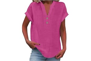 Yinguo Ladies Tops 2025 Women's Summer Cotton Linen Cap Sleeve T-Shirt Button V Neck Tunic Tops Fashion Baggy Solid Plain Casual Shirts Trendy Blouse