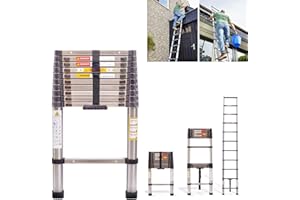 DICN Telescopic Folding Ladder 3.2M/ 10.5FT Multi Purpose Collapsible Loft Ladders, Portable Stainless Steel Ladder Heavy Duty Sturdy Straight Ladders