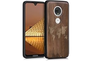 kwmobile Carcasa Compatible con Motorola Moto G7 / Moto G7 Plus Funda - Funda de Madera de Nogal con Bumper antigolpes - Mapa del Mundo