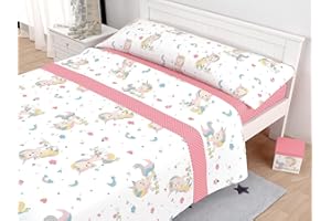 LINIVA HOME Juego de Sábanas Infantiles Unicornios y Mariposas Algodón/Poliéster (Rosa, 105 cm)