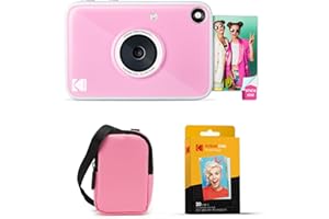 KODAK Printomatic+ Instant Print Digital Camera Starter Bundle + Carrying Case (Pink) + Zink 20pk Sticky-Back Photo Paper - 10MP, Full-Color Photos, GB LED Status Indicator - Pink