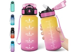 Motswedi Botella Agua Niños, 500ml con Pajita, Cantimplora Infantil, a Prueba de Fugas, Botellas de Agua para Niños, con Marcador de Tiempo, Cantimplora, para Oficina, Escuela, Yoga, Amarillo Rosa