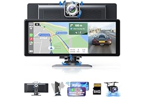 INEXACCESSORIES 10.26 Inch Carplay Screen for Car, Portable Car Stereo with 4K Dashcam and Rear Camera Support Wireless Carplay/Android Auto/Airplay/Bluetooth/Voice Control/GPS/AUX, Ips Touchscreen with 64G TF Card