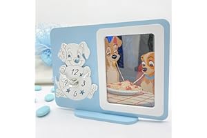 Ingrosso e Risparmio Orologio con Cornice Foto incorporata Celeste in Legno con Cagnolino Bianco Carica dei 101- bomboniere Battesimo Bambino