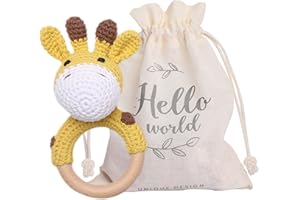 Youuys Giocattolo Sonaglio Neonati in Legno, Con Suono, Massaggiagengive All'uncinetto, Giochini Dentizione Neonati, Animali Morbidi Giocattoli, Regalo per Neonati Bambini (Giraffa)