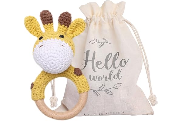 Youuys Hochet Bebe en Bois D'Animal, Anneau de Dentition en Bois pour Bébé, Hochet Au Crochet, Montessori Jouet Nouveau-né Bébé Cadeau (Girafe)