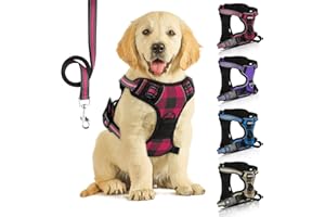 SIBOTER Harnais Chien, Harnais Anti Traction pour Chien, Harnais Chien Anti Traction Réfléchissant, avec Laisse pour Chien, pour Entraînement en Plein Air, Plaid Rouge, L