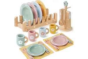 Atoylink Accessoires de cuisine pour enfants - Vaisselle en bois - Service à thé pour enfants - Ensemble de vaisselle avec tasses, assiettes, accessoires de cuisine en bois - Jouet de jeu de rôle