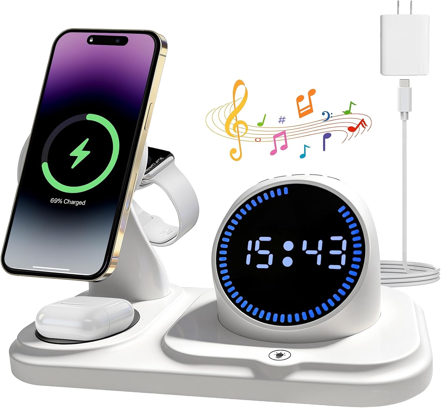 6 en 1 Cargador inalámbrico para iPhone con Altavoz Bluetooth, estación de Carga rápida para iPhone 17/16/15/14/13/12/11/Pro/Max/Plus, para Apple Watch y AirPods