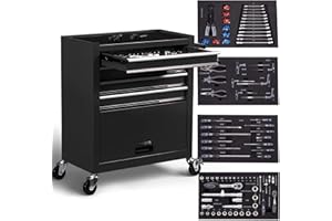 AREBOS Chariot d'atelier avec 4 Compartiments | 4 tiroirs à roulement à Billes avec 81 pièces d'outils | équipé de Tapis antidérapants | 2 roulettes avec Frein de Blocage | Noir