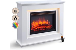 ‎RICHEN BALDERIA Elektrokamin Baldur | Elektrischer Standkamin mit 3D-Flammeneffekt | Elektro Heizung 2000W, LED-Beleuchtung | Kamin mit Fernbedienung, Timer & Thermostat | Weiß