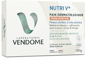 LABORATOIRES VENDÔME - NUTRI V+ - Pain Dermatologique Huile D'Abricot - Corps & Visage - Nettoie En Douceur & Nourrit - pH Neutre & Sans Savon - Haute Tolérance - Peaux Sèches À Très Sèches - 100g