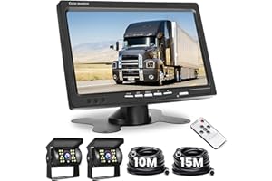 Hikity Pantalla de Visualización de Marcha Atrás con Dos Cámara Trasera, Monitor LCD de 7", Impermeable, Visión Nocturna, Cámara de Seguridad Set con Cable 15M/10M para Coche Camión Camper Remolque