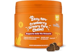 Zesty Paws Cranberry Urinary Care | Supporto delle Vie Urinarie | Integratori per Cani | D-mannosio, vitamina B6 e Exocyan | Alimento Complementare per Cani Adulti | Gusto Tacchino | 90 Pezzi