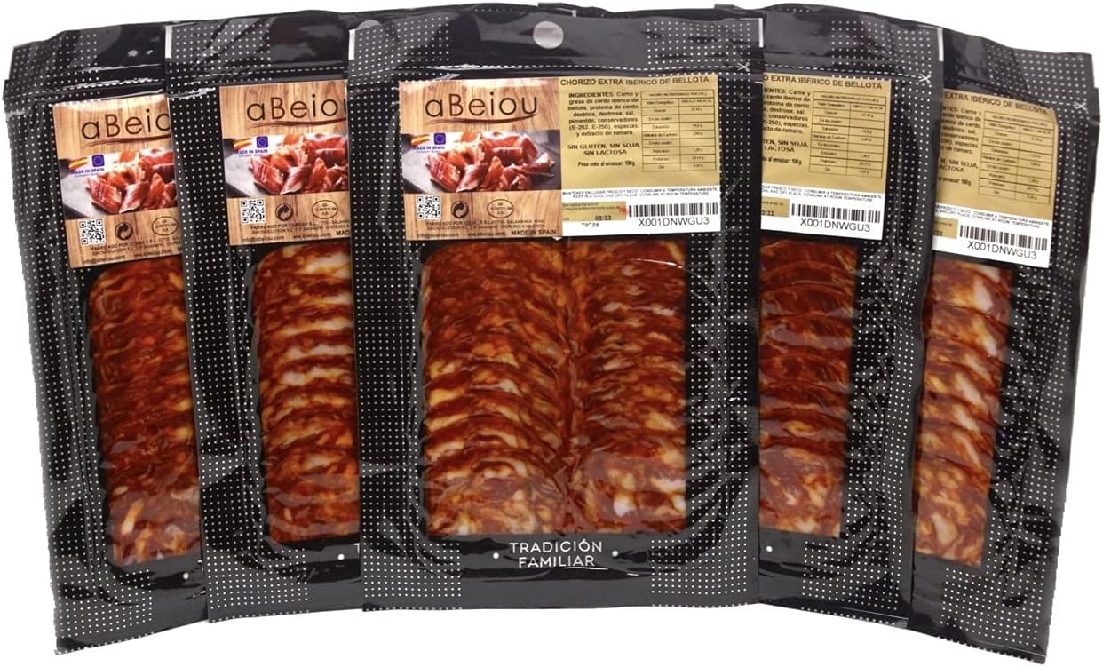 Chorizo Ibérico de Bellota Loncheado 50% Raza Ibérica 500 g (5×100 g) — Curación +16 Meses — Cert. Hycer — Guijuelo Salamanca — aBeiou