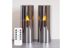 Mavandes 7.5x20cm Silver Grey Glass Flameless Candles, LED Battery Operated Real Wax Pillar Candles with Remote Control and Atomatic Timer Function,Set of 2 Flickering Warm Fire Fake Candles