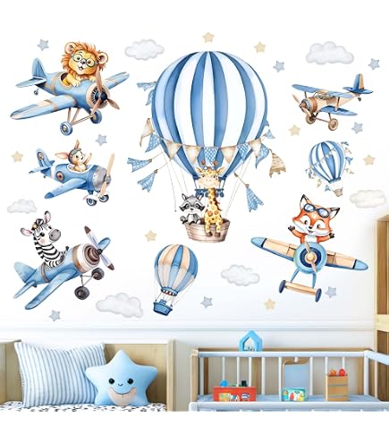 Airplane Wall Decals For Kids - Peel And Stick Cloud & Aircraft Stickers, Waterproof Nursery Decor