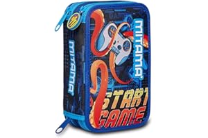MITAMA Astuccio Scuola 3 Scomparti - SUPER TRIPLO OCTO GAMER, Blu - Contenuto 47 pz - Completo di Matite, Pennarelli etc - Portapenne Scuola Elementare Bambini